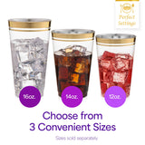 Perfect Settings Premium Double Gold Rimmed Disposable Plastic Cups, Durable Clear Plastic Drinking Glasses for Cold Beverages & Cocktails, BPA-FREE, Disposable Wedding Cups, 14 oz. (Pack of 100)