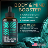 Liquid Chlorophyll Drops with Spirulina for Water - Full Strength Energy, Wellness, Immune Support Supplement - 50mg Chlorophyll Liquid, 12.5mg Spirulina - Lemon Flavor Detox Drink - 2oz, 118 Servings