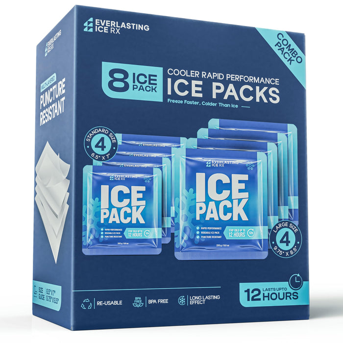 Rapid Performance Reusable Ice Packs for Coolers or Lunch Box | 8 Combo Pack | Cold for Up to 12 Hours | Ice Packs for Cooler, Long Lasting for Camping, Beach