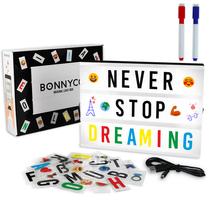 Cinema Light Box with 400 Letters, Symbols & Emojis & 2 Markers, USB Included - BONNYCO | Led Light Box Home Decor, Room Decor | Light Up Sign Novelty Gifts Christmas & Birthdays | Marquee Light Box