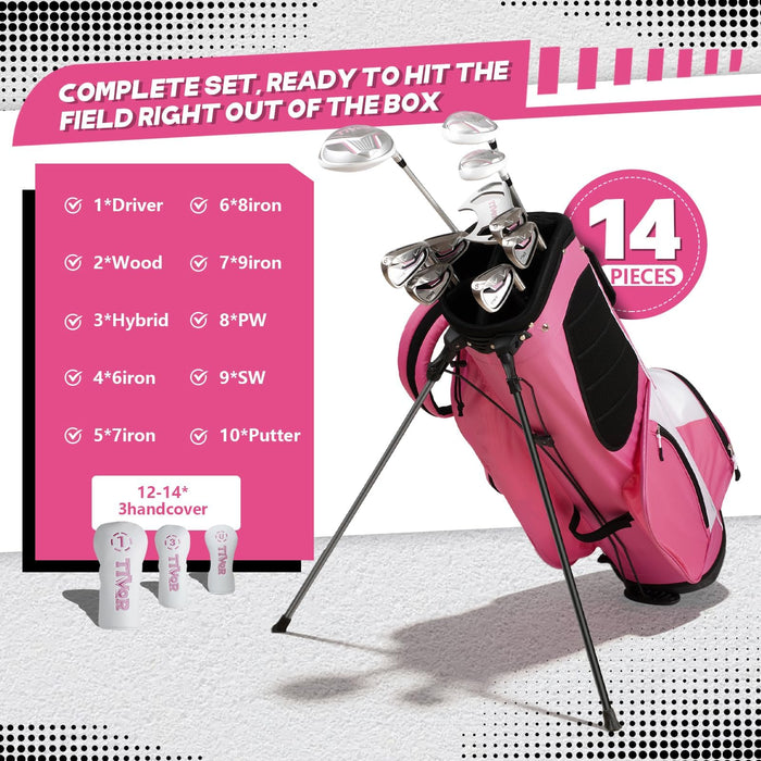 Golf Clubs for Women Left Handed Complete 14-Piece Set with Driver Fairway Hybrid Irons Putter Stand Bag & 3 Headcovers - Beginner Womens Golf Set Pink