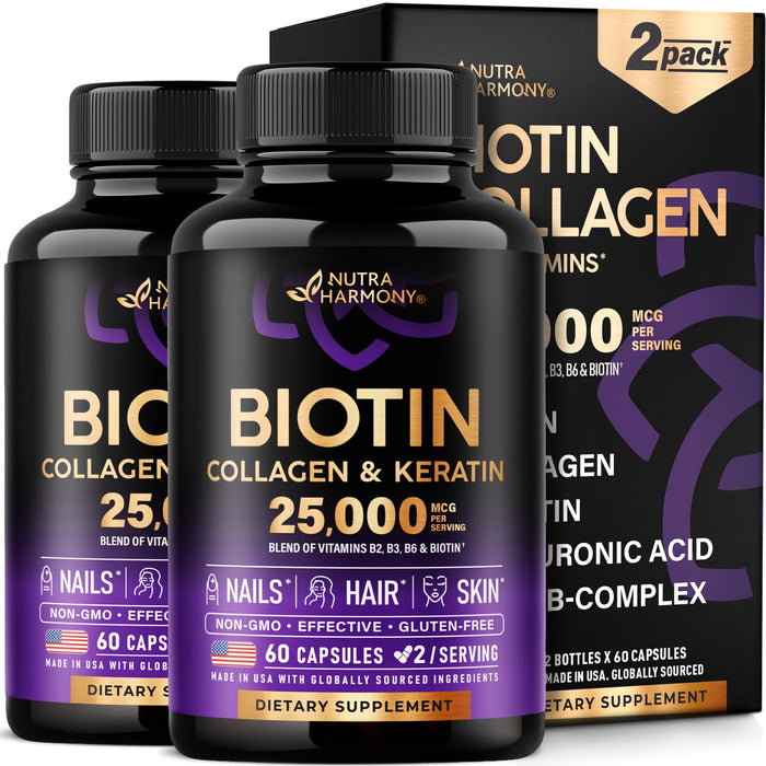 Biotin | Collagen | Keratin | Hyaluronic Acid - Hair Growth Support Supplement | Skin & Nails Beauty Complex 25000 mcg - B1 | B2 | B3 | B6 | B7 - Made in USA - For Women & Men | 120 Capsules