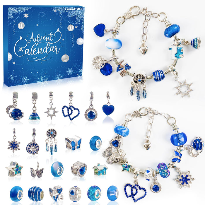 Advent Calendar Charm Bracelets 2024 for Girls, 24 Days Christmas Countdown Calendar DIY Bracelets Jewelry Making Kit with Blue Charm Beads Xmas Gift for Girls Kids Teens Adults