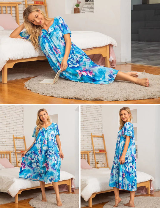 Bloggerlove House Dress for Women Plus Size Mumu Dresses Summer Lounge Dresses Duster Housecoats Elderly Moo Moos Patio Dress Florar Nightgown