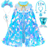 LIMIROLER Princess Dress Up Toys Princess Dress Up Clothes Rainbow Mermaid Cape Kit 9 Pcs Gift Set for Little Girls 3-8 Years Old, Great Gift Set for Birthday Christmas Halloween (Rainbow Blue)