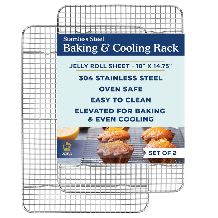 Ultra Cuisine Oven-Safe, Dishwasher-Safe 100% Stainless Steel Cooling & Baking Rack Set - Jelly Roll Sheet Pan Size - Heavy Duty - 10 x 14.7" - Set of 2 - Wire Cooling Racks for Baking & Cooking