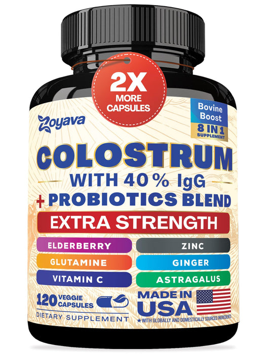 Zoyava Bovine Colostrum Supplement Capsules, Grass Fed Cow Colostrum with 40% IgG, Probiotics, Elderberry, L-Glutamine, Astragalus, Vitamin C, Ginger, Zinc (120 Capsules)