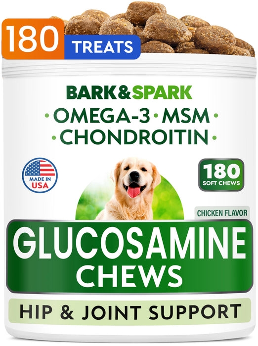 Bark&Spark Glucosamine Chondroitin Dog Hip & Joint Supplement - Joint Pain Relief - Hip & Joint Chews - Joint Support Large Small Breed - Senior Doggie Vitamin Pill Joint Health (180 Treats - Chicken)