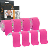 JB Tape, Precut Kinesiology Strips 4 Rolls- (80 Count, 10") Elastic, Latex-Free, Water Resistant, Athletic Sports Tape for Body, Joint & Muscle Support. (Pink)