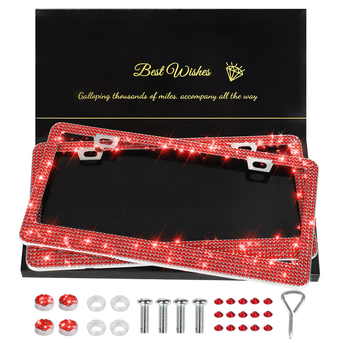 QUANQIUFEI 2 Pack Bling License Plate Frames for Women, Sparkly Rhinestone Diamond Car Accessories with Glitter Crystal Caps (Red)