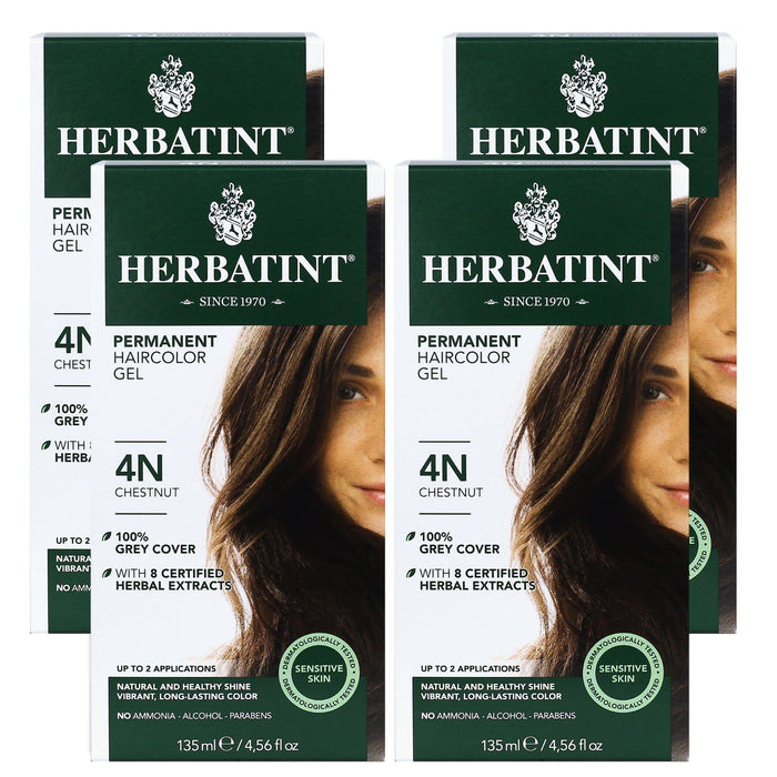 Herbatint Permanent Haircolor Gel, 4N Chestnut, Alcohol Free, Vegan, 100% Grey Coverage - 4.56 oz (4 Pack)