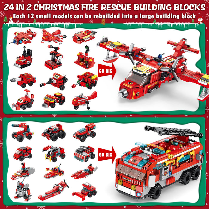 Kids Advent Calendar 2024 for Boys, 24 Days Christmas STEM Fire Rescue Building Blocks Countdown Calendar Gifts Box with 12-in-1 Construction Plane Truck Bricks Toys Set for Kids Teen Girl Boy Age 6+