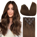 GOO GOO Clip in Hair Extensions Real Human Hair, Remy Human Hair Extensions Clip ins for Women, Natural Human Hair, 16inch 120g 7Pcs, 4/27/4 Balayage Chocolate Brown to Caramel Blonde