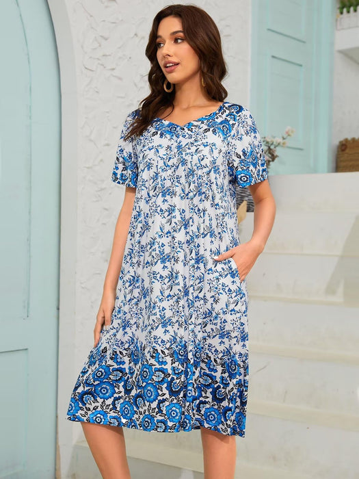 CRIPOM House Dresses for Elderly Women moo moos Lounge Dresses Plus Anthony Richards White Blue Flower XL