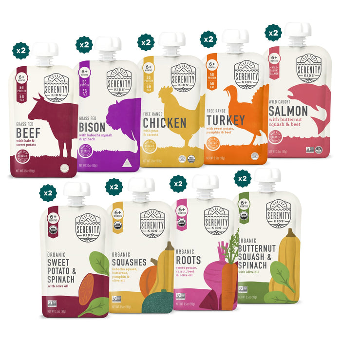 Serenity Kids 6+ Months Baby Food Puree Pouch - 5g Protein-Packed Toddler Snacks - Organic Meat & Veggie Food Pouches - Recyclable Containers for Toddler Meals - 3.5 Oz, Pack of 18