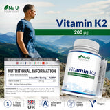 Vitamin K2 MK 7 200mcg - 365 Vegan Tablets (not Capsules) - 1 a Day - 1 Year Supply - High Strength VIT K2 Menaquinone - Made in The UK - Nu U Nutrition