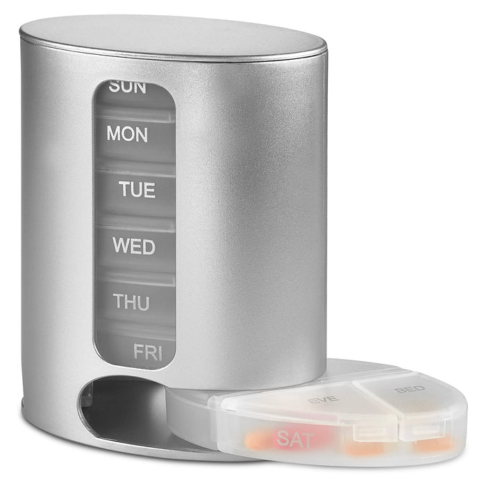 Stackable Daily Pill Organizer - Premium Weekly Medication Reminder with 7 Individual Stacking Cases - Weekly AM/PM Pill Box with 4 Times a Day, a Everyday Medicine Organizer for Vitamins, Silver