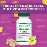 Zaytun Vitamins Halal Prenatal Vitamins + DHA, Folic Acid Iron, Ginger for Soothing, One Daily, for All Pregnancy Stages, Gluten Free, Non-GMO, 60 Softgels, 2 Months Supply, USA Made, Halal Vitamins