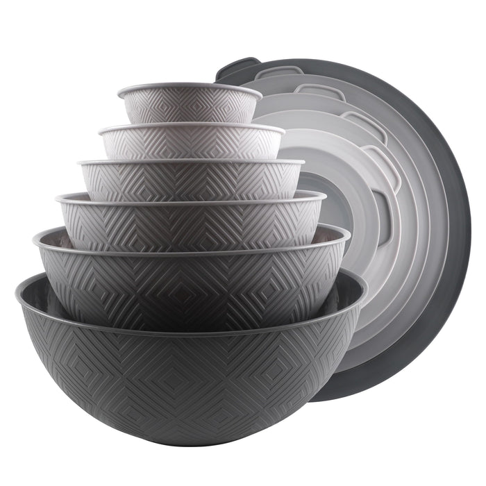 COOK WITH COLOR Mixing Bowls with Lids - 12 Piece Plastic Nesting Bowls Set includes 6 Prep Bowls and 6 Lids, Rhombus Design - Microwave Safe (Grey)