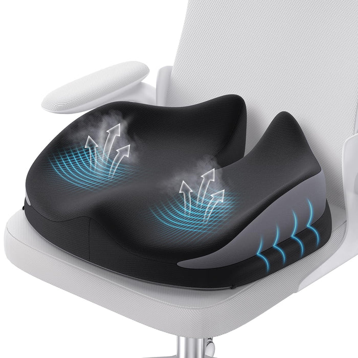 Benazcap Large Seat Cushion for Office Chair Memory Foam Coccyx Pain Relief Cushion Pillow for Back Support Non-Slip Seat Pad for Office Desk, Car Seat, Wheelchair, Sciatica-Black&Grey