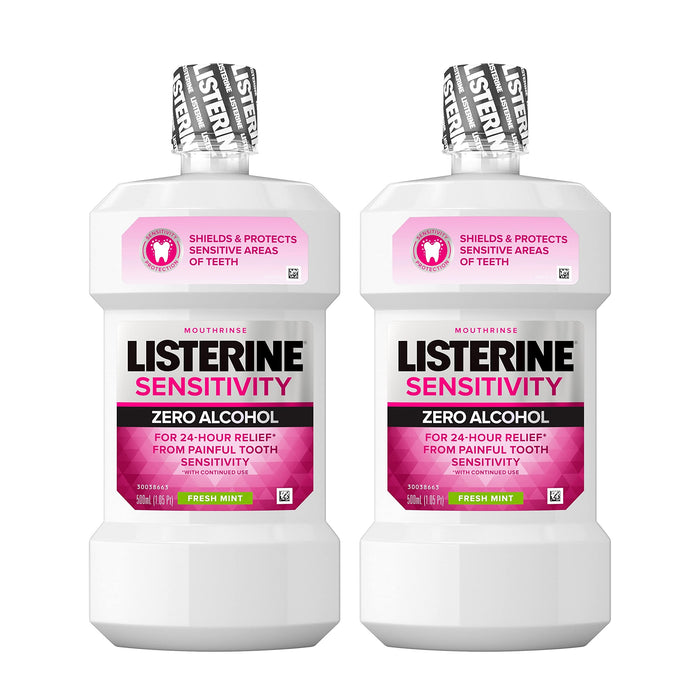 LISTERINE Sensitivity Mouthwash, Zero Alcohol, Less Intense Formula, for Sensitive Teeth, Bad Breath Treatment, Alcohol Free Mouth Wash for Adults; Fresh Mint Flavor, 500 mL (Pack of 2)