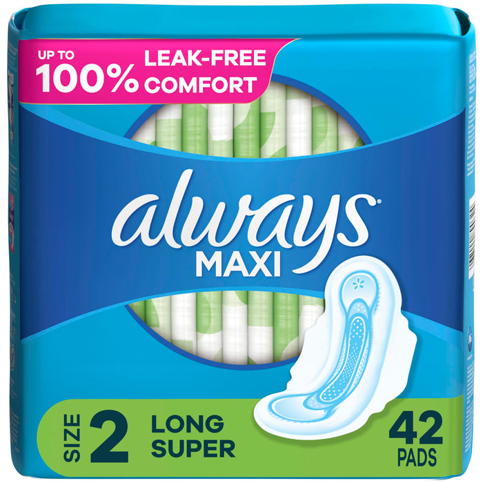 Always Maxi Feminine Pads for Women, Size 2 Long Super Absorbency, with Wings, Unscented, 42 Count