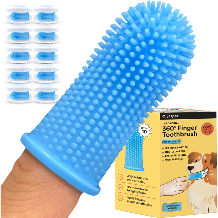 Jasper Dog Toothbrush, 360º Dog Tooth Brushing Kit, Cat Toothbrush, Dog Teeth Cleaning, Dog Finger Toothbrush, Dog Tooth Brush for Small & Large Pets, Dog Toothpaste Not Included - Blue 10-Pack