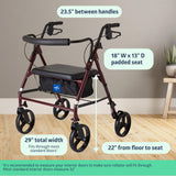 Medline Heavy Duty Rollator Walker with Seat, Bariatric Rolling Walker Supports up to 500 lbs, Large 8-inch Wheels, Burgundy