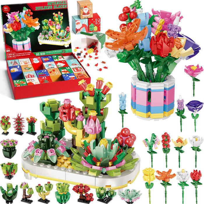 2024 Advent Calendar for Kids Teens Adults, 24 Days Surprise Botanical Building Blocks Christmas Countdown Calendar Gift Box with 12 IN 1 Succulent & Flowers Building Bricks Toy for Boy Girl Women Men