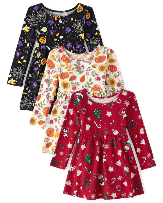 The Children's Place,and Toddler Long Sleeve Special Occasion Halloween Thanksgiving Christmas Dresses 3-Pack,3T