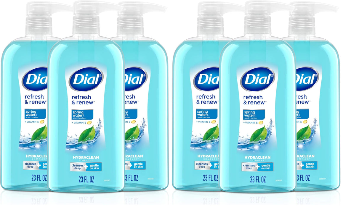 Dial Body Wash,Refresh & Renew Spring Water,23 Fl Oz,Hydraclean Complex & Vitamin E,Gentle,Leaves Skin Feeling Nourished,Dermatologist-Tested,No Parabens-& Sulfates,(Pack of 6)