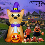 MICOCAH 5 FT Outdoor Halloween Inflatables French Bulldog Wearing Witch Hat & Vampire Cloak Holding Pumpkin, Built-in LEDs Inflatable Dog Halloween Blow Up Decorations for Yard Indoor Party Garden