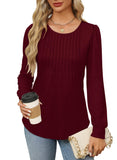 Womens Tops Dressy Casual Long Sleeve Shirts Fall Outfits 2024 Trendy Pleated Tunic Christmas Blouses Soft Wine Red L