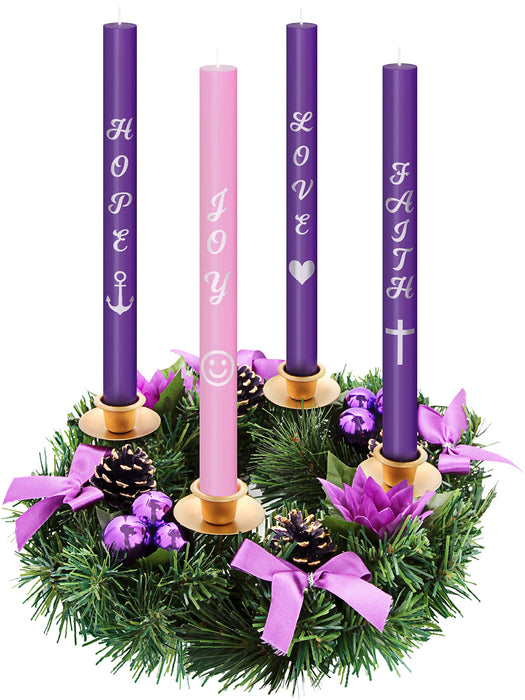 Advent Candles Set of 4 - Premium Printed Script Silver Letters & Pictures – Use with Advent Candle Holders, Advent Wreaths and Advent Rings - Dripless Taper Advent Candle for Christmas Church Décor