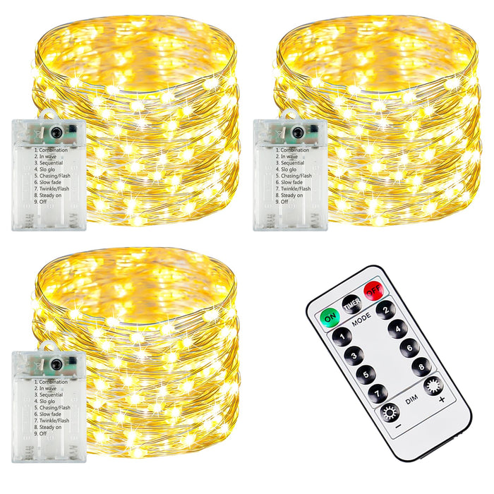 3 PK 78FT 240LED Fairy Lights Battery Operated with Timer Remote Warm White