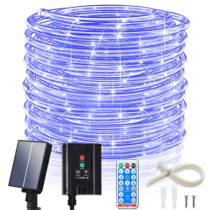 ICRGB Solar Rope Lights, 66FT 200 LED Outdoor String Lights, Blue Fairy Lights with Remote, 8 Modes, Timing Function, IP67 Waterproof, Outdoor Garden Patio Decorative,for Christmas Wedding Party