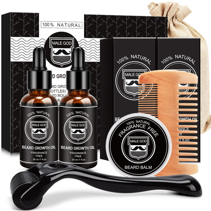 MALE GOD Beard Growth Kit, Beard Kit W/Beard Growth Oil (2 Bottles), Beard Balm, Beard Comb, Massager for Spot/Patchy Beard, Christmas Gifts for Men Him Boyfriend Husband