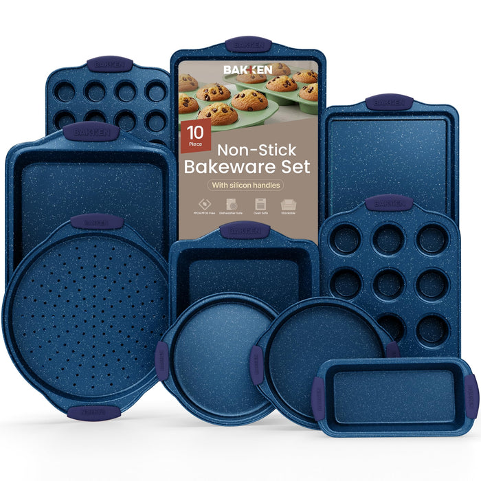 BAKKEN Kitchen Baking Pan Set - Nonstick Coating, Carbon Steel Bakeware Sets with Blue Silicone Handles, Baking Kitchen Essentials, PFOA, PFOS, PTFE Free, Oven Safe Tray (Up To 450° F), Set of 10