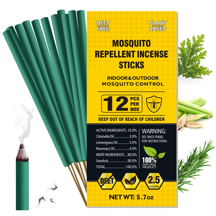 BugBai Mosquito Repellent Outdoor Patio 12 PCS, Thicker Natural Citronella Oil Incense Sticks 2.5H Protection for Indoor Home, Plant-Based Bug Insect Barrier for Basement Yard Garden Camping Fishing