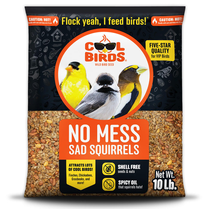Cool Birds No Mess Sad Squirrels Hot Bird Seed – 10 lb. Spicy Shell-Free Blend with Peanuts, Sunflower Hearts & Chili Pepper Oil – No Waste, Squirrel-Resistant Bird Food for Outside Feeders