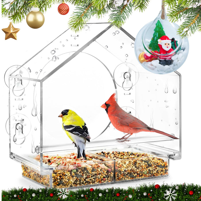 Window Bird Feeder with 4 Strong Suction Cups,DIY Clear Bird Feeder with Christmas Clear Glass Ball Ornaments, Wild Bird House Window for Garden Decor,Elderly Kids and Cat Viewing Bird