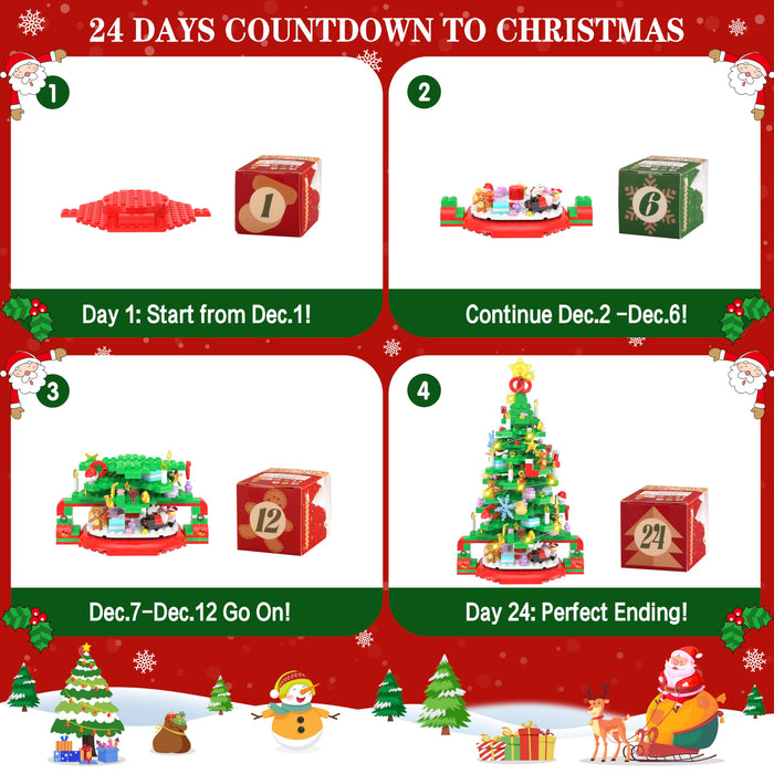 Advent Calendar 2024 Christmas Tree Building Set, 24 Boxes 593 Pieces Christmas Countdown Calendar Building Blocks with Warm Light, Advent Calendars for Adults Teens Kids