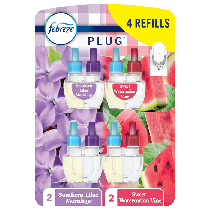 Febreze Odor-Fighting Fade Defy PLUG Air Freshener, Southern Lilac Mornings, Sweet Watermelon Vine, Pack of 4 (2 of Each), 79 fl. oz. Oil Refill