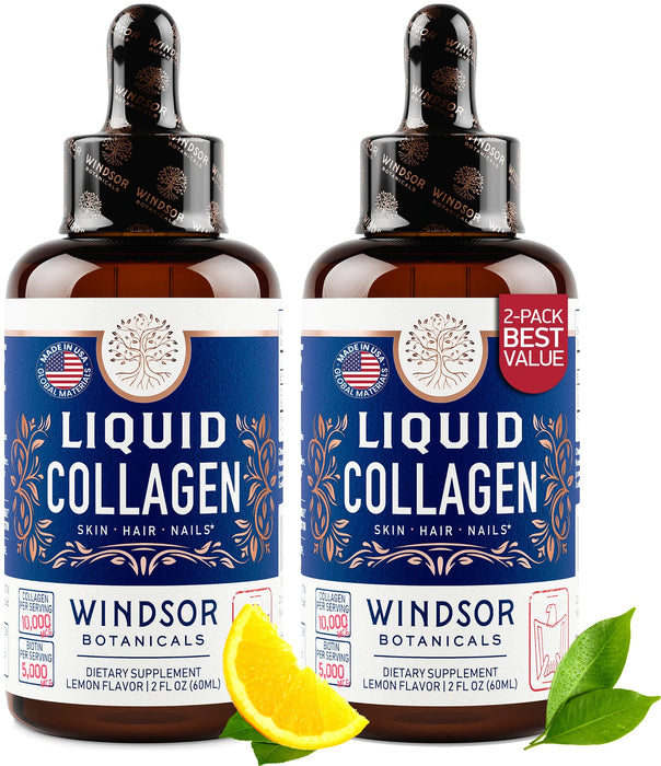 Liquid Collagen for Women and Men - Hair, Skin, Nails Vitamins, Collagen Supplements - Lemon Flavor Collagen Peptides Hair Growth Drink - 5,000mcg Biotin, 10,000mcg Collagen Drops - US MADE - 2x2oz