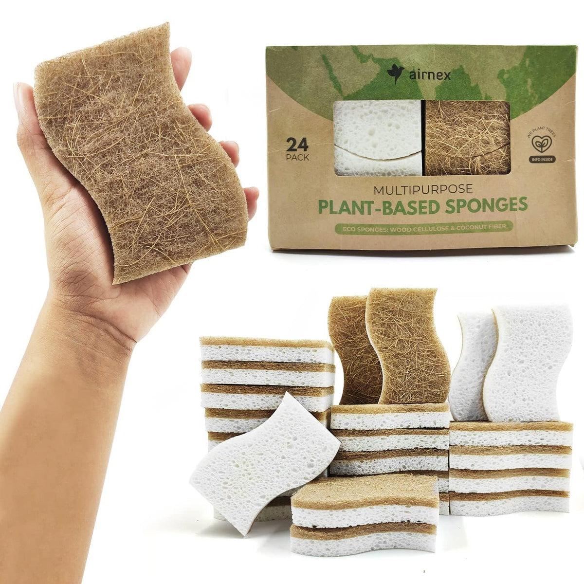 AIRNEX 24 Pack Natural Kitchen Sponge - Biodegradable Compostable Cell