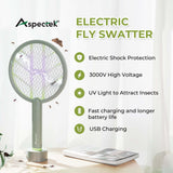 Aspectek 3000V Electric Fly Swatter for Indoor and Outdoor Use, Portable, Rechargeable Bug Zapper Racket with Improved Battery Life, USB Charging Cable, Wall Bracket