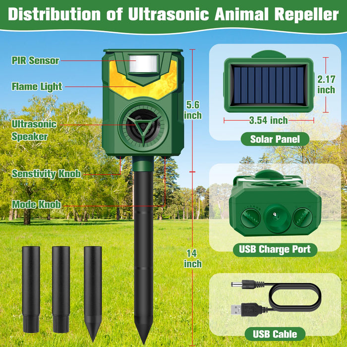 Ultrasonic Animal Repeller,2024 Newest Cat Deterrent Outdoor,Solar Animal Repeller Flame Light Ultrasonic Pest Repellent with Motion Sensor,Repel Dogs Bird Skunk Rabbit Squirrels Deer Raccoon