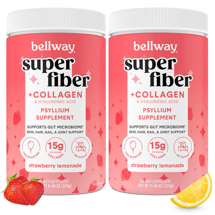 Bellway Super Fiber Powder + Collagen (2 Pack), Sugar-Free Psyllium Husk Powder with Collagen Peptides for Gut Health, Healthy Skin, Nails, Bones & Joints, Strawberry Lemonade (22.92 oz)