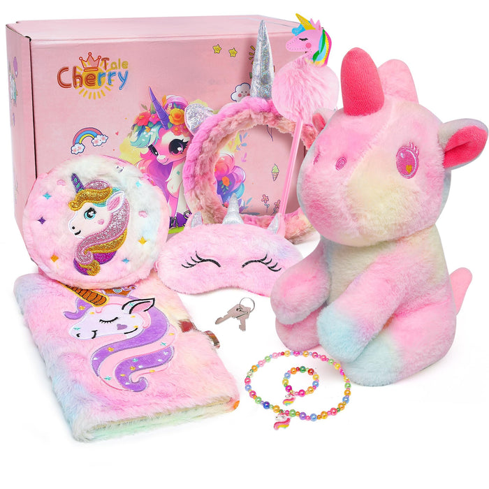 Cherry Tale Unicorns Gifts for Girls, Kids Unicorn Stuffed Animal Plush Toy with Diary Headband Eye Mask Christmas Birthday Gifts for Little Girls Age 5 6 7 8 9 10