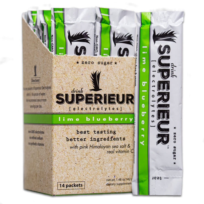 Superieur Electrolyte Powder Packets - Vegan Electrolyte Hydration Powder w/Sea Minerals - Keto Friendly, Non-GMO, Zero Sugar Electrolyte Supplement-Healthy Sports Drink -Lime Blueberry (14 Packets)